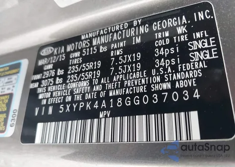 2016 Kia Sorento 2.0T Sxl из США, поврежденный, VIN 5XYPK4A18GG037034